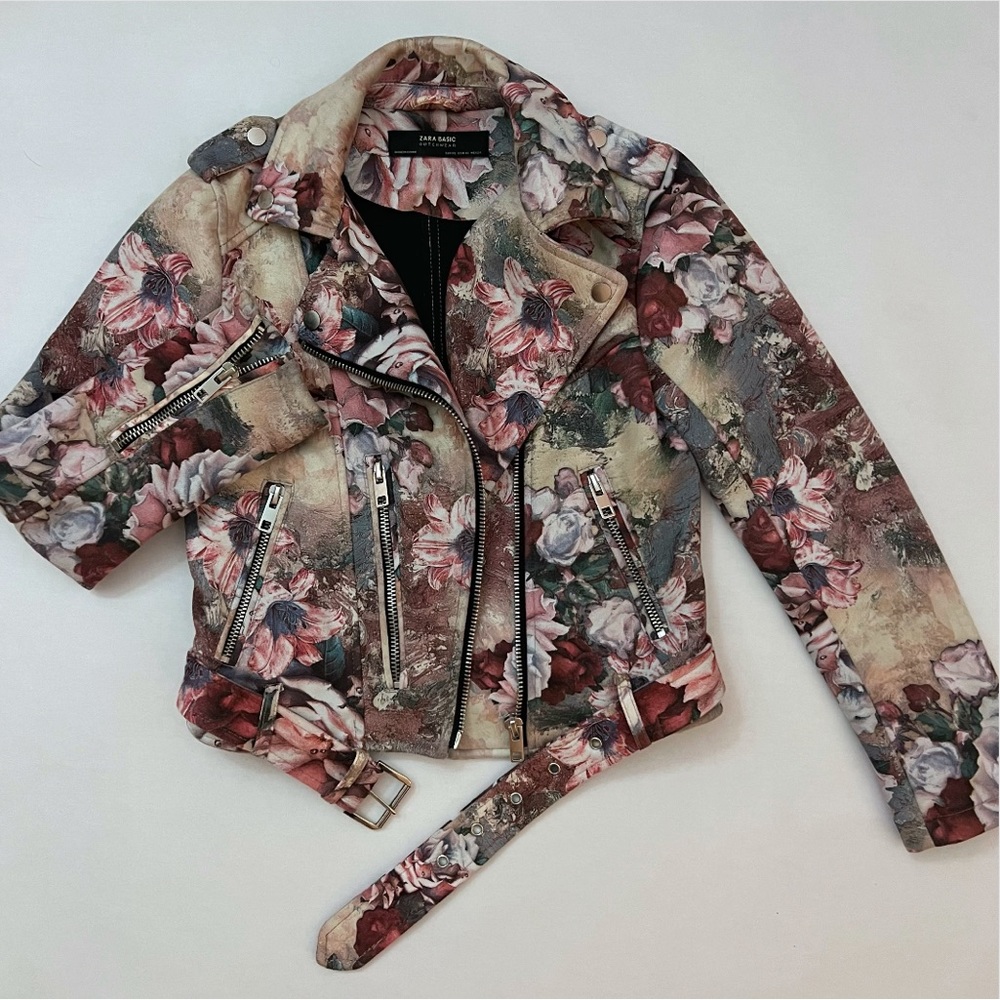 Zara Floral Suede Belted Jacket, size XS